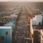 California cityscape with modern skyline and palm trees