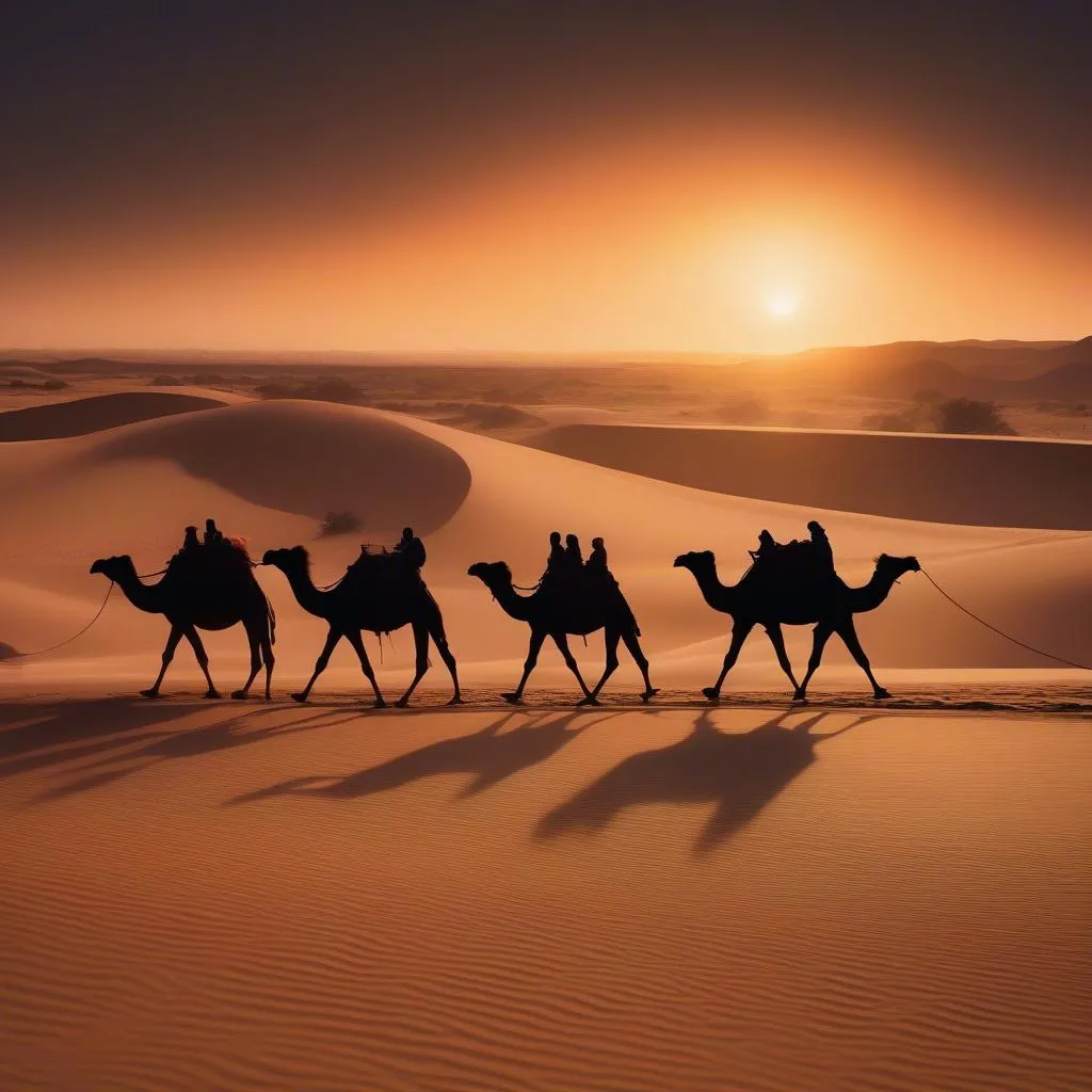 Silhouette of a camel caravan at sunset