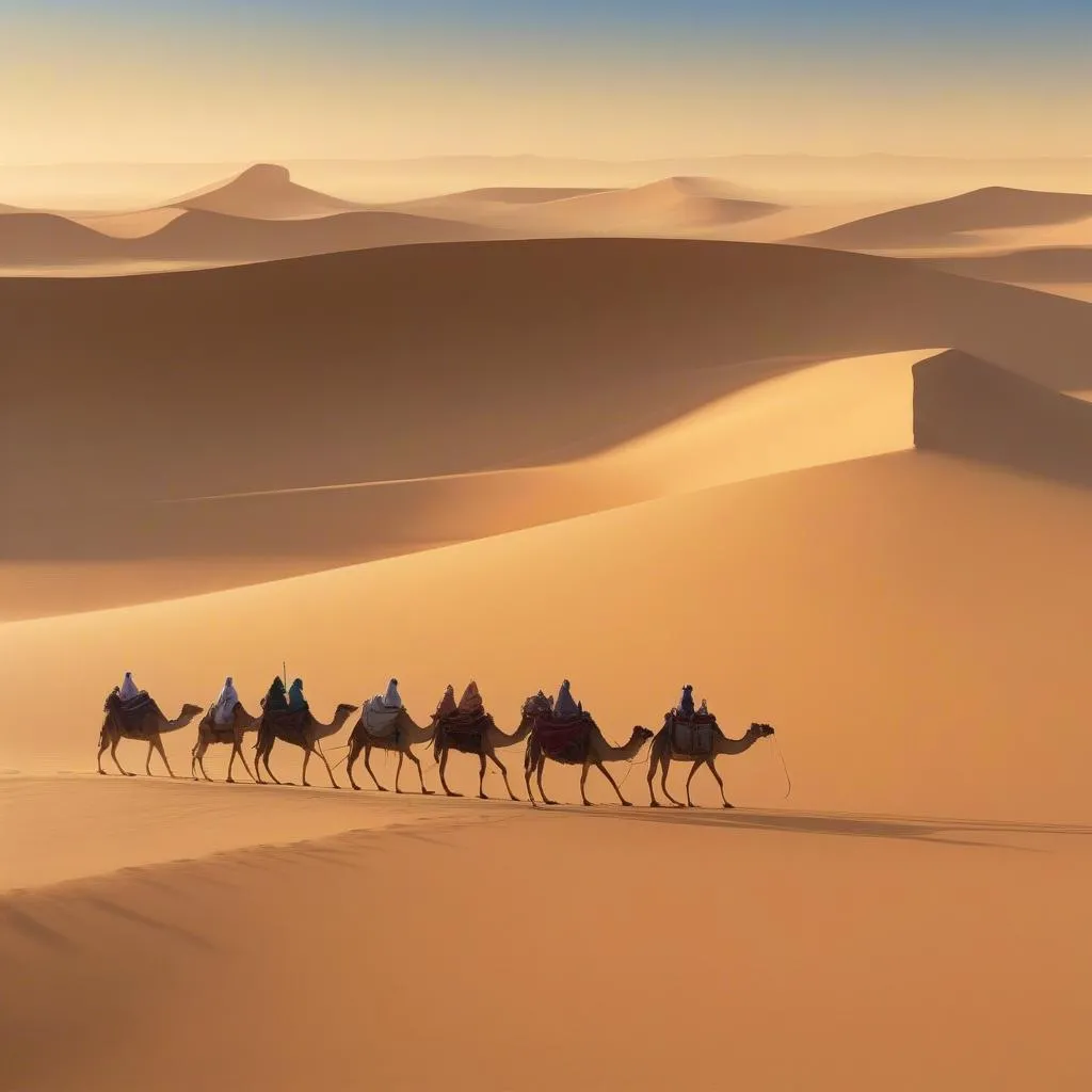 Camel Trekking Through Golden Dunes