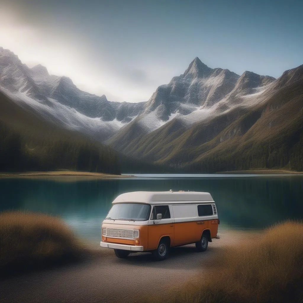 Campervan Parked by a Lake in the Mountains