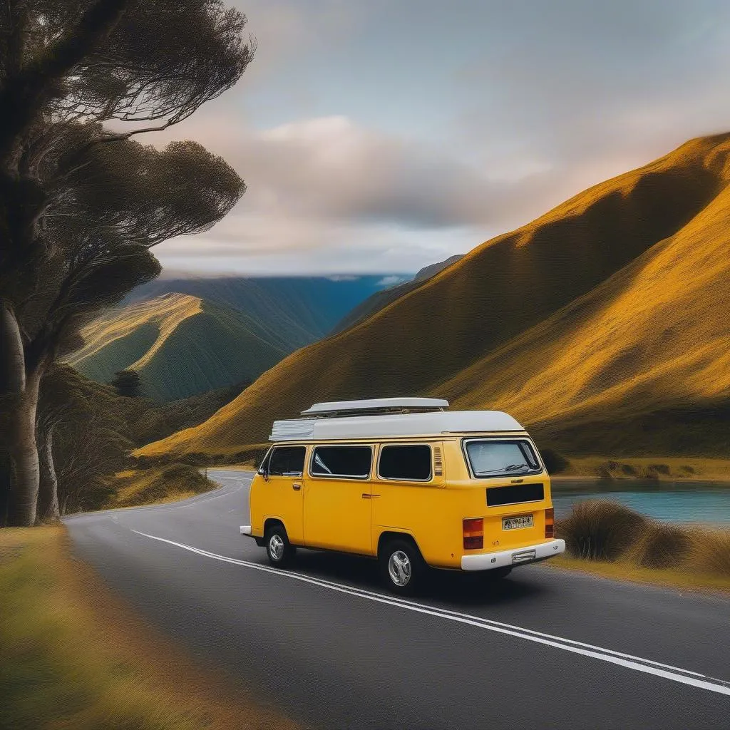 Campervan parked on a scenic road in New Zealand