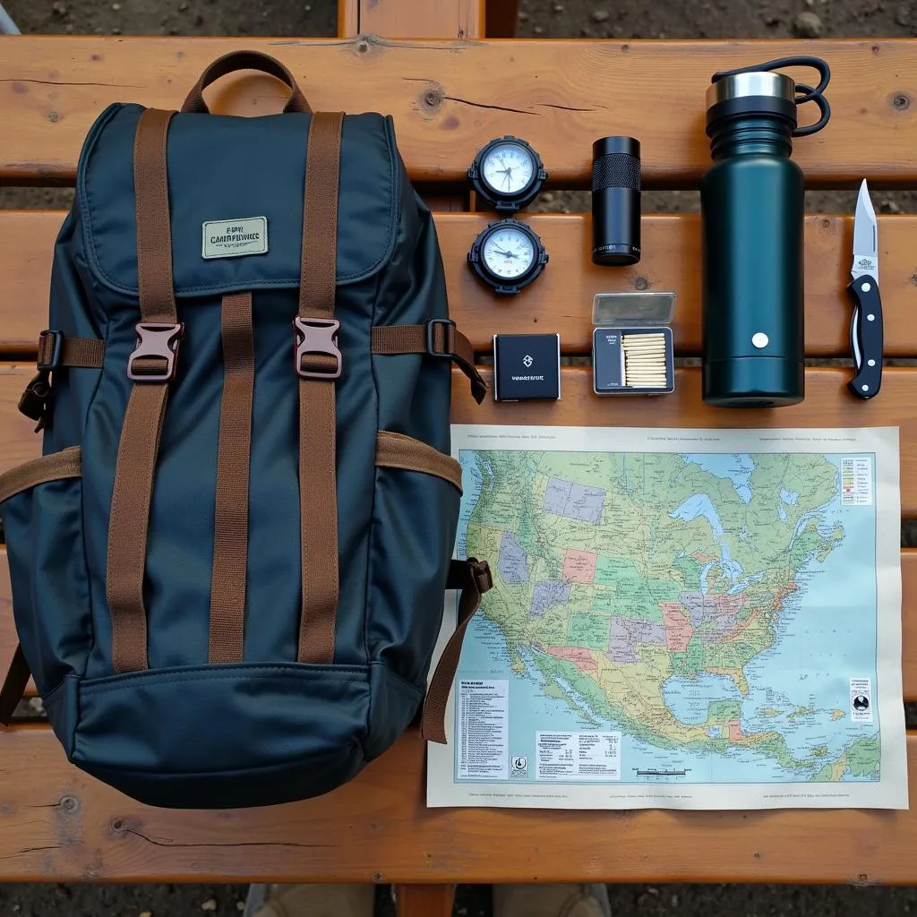 Essential camping gear laid out on a picnic table.