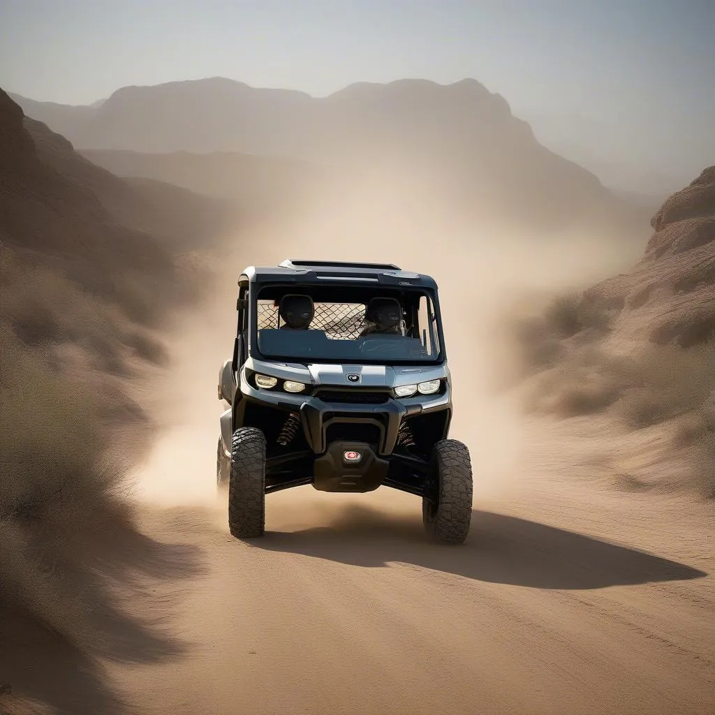 Can-Am Defender with long travel kit driving in desert