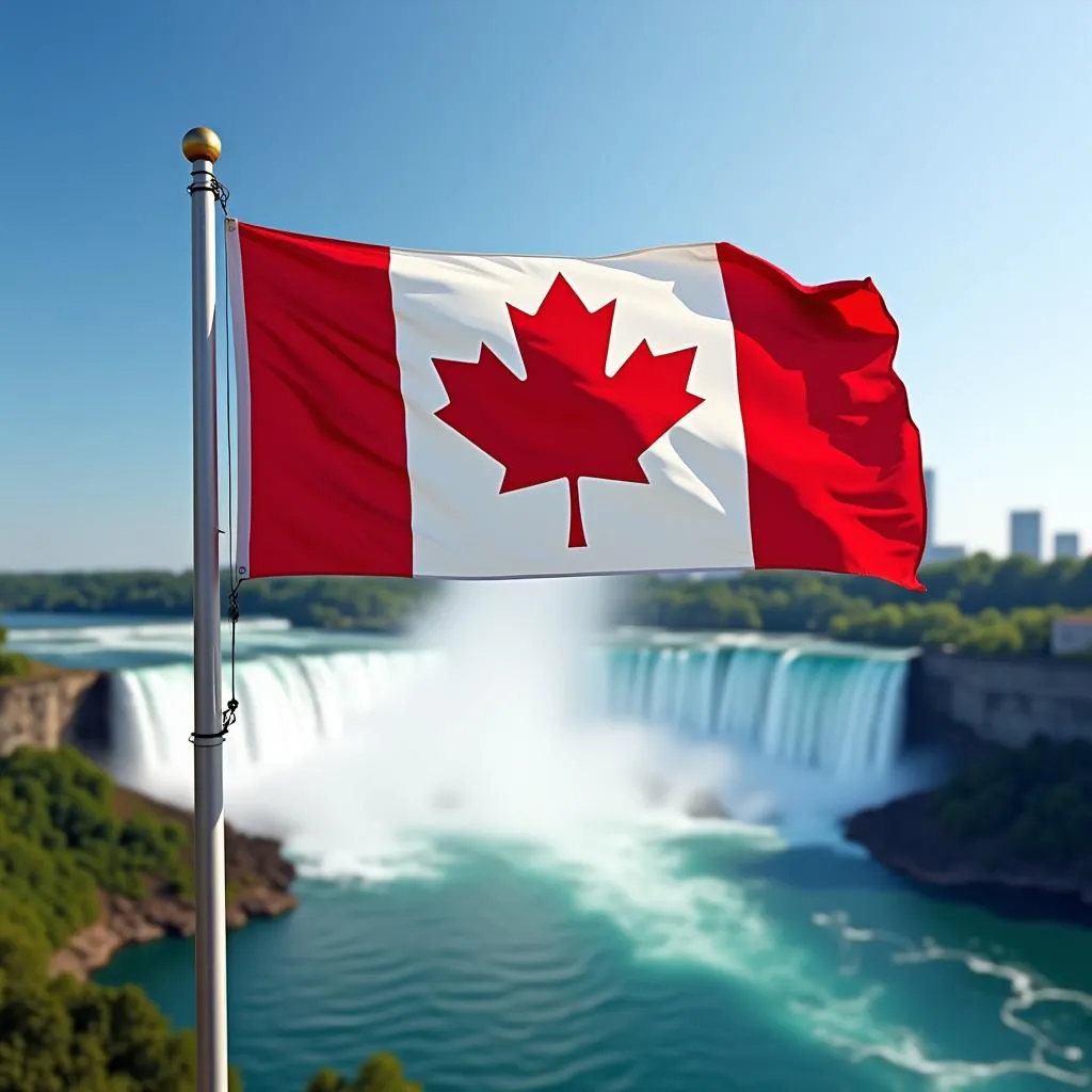 Canadian flag waving with Niagara Falls in the background