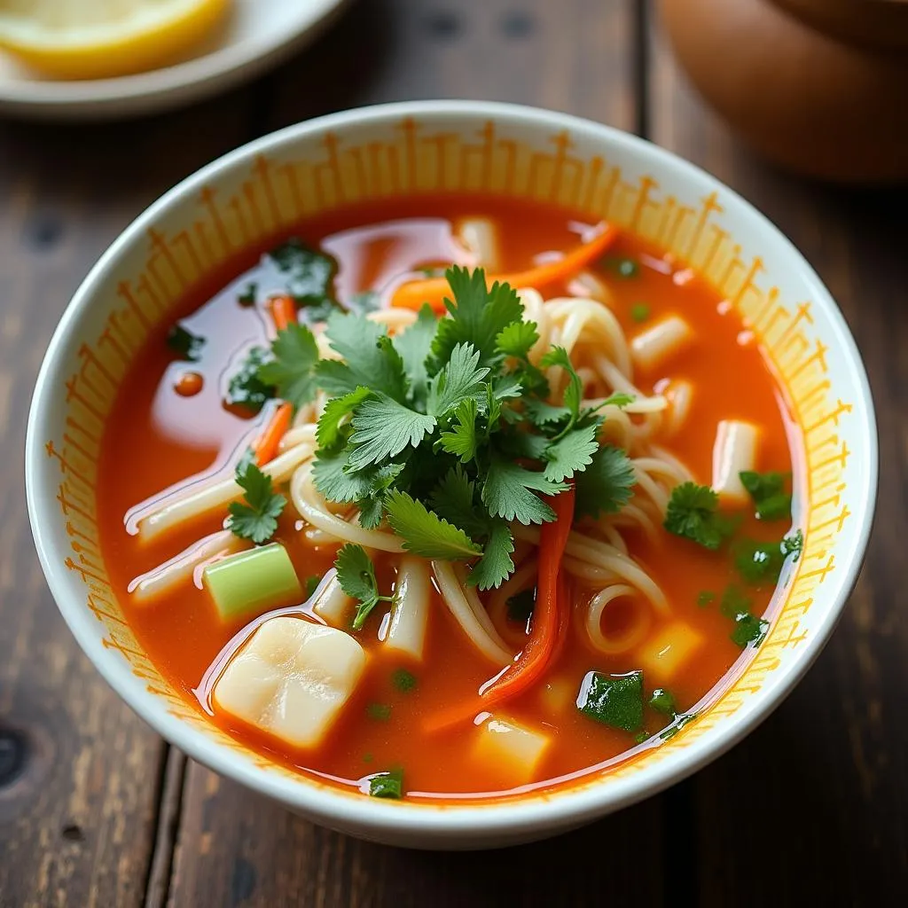 A vibrant bowl of Canh Chua, a traditional Vietnamese sour soup, featuring a colorful array of vegetables and a tangy broth