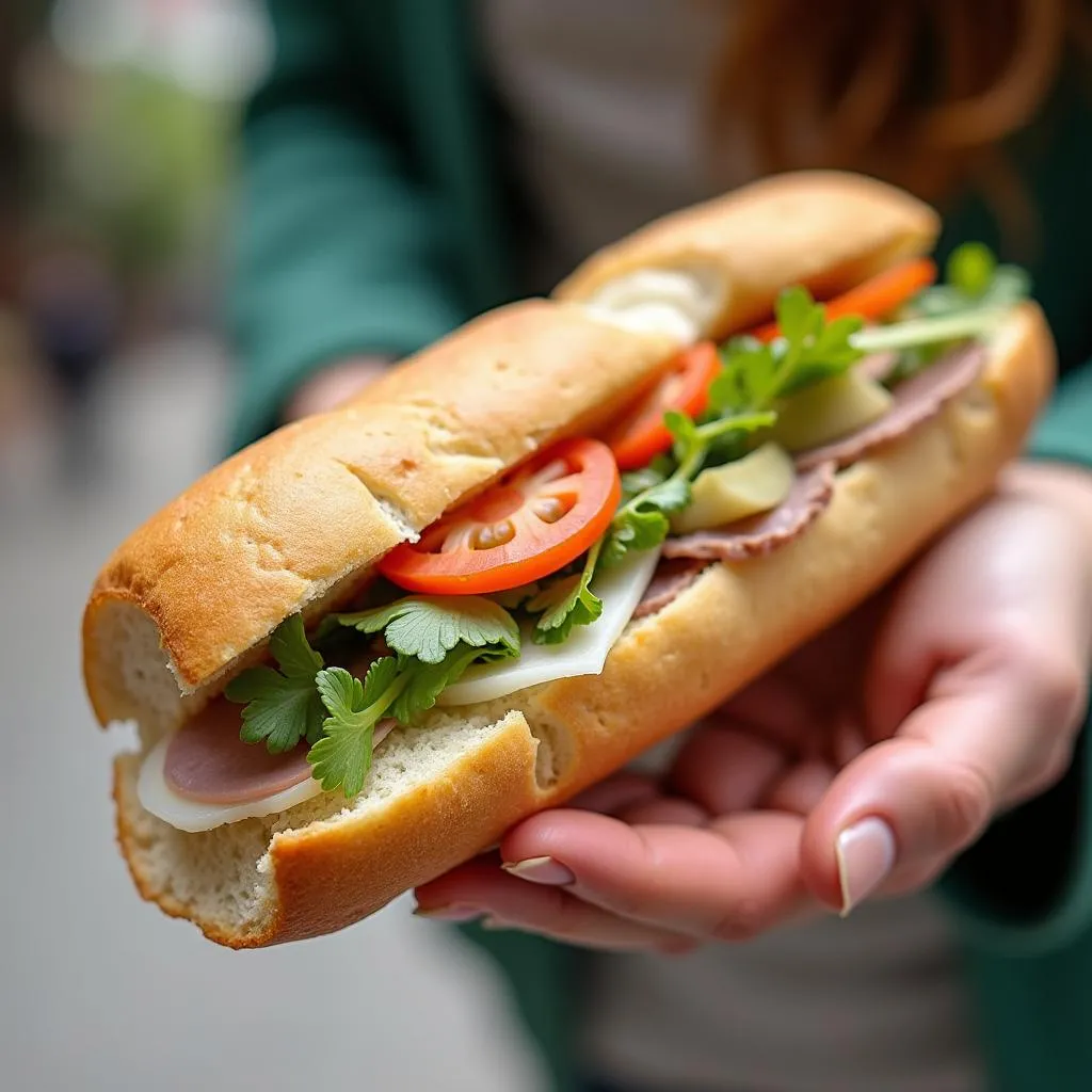 A half-cut Banh Mi (Vietnamese baguette) placed next to a bowl of Canh Dua Bo