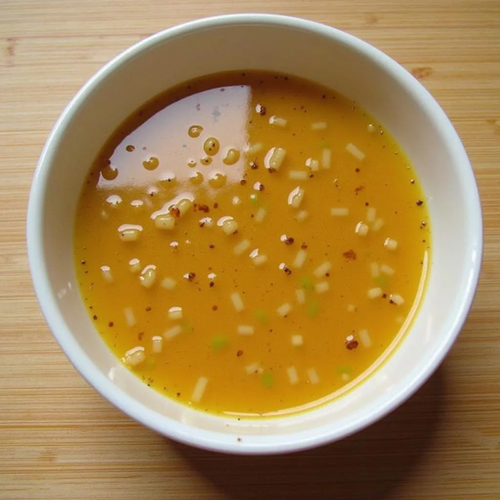 A plate of nuoc cham, a Vietnamese dipping sauce, placed alongside a bowl of Canh Dua Bo