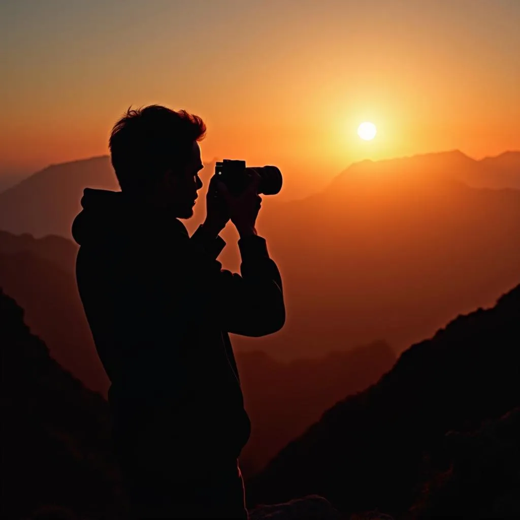 A person filming a scenic landscape during golden hour