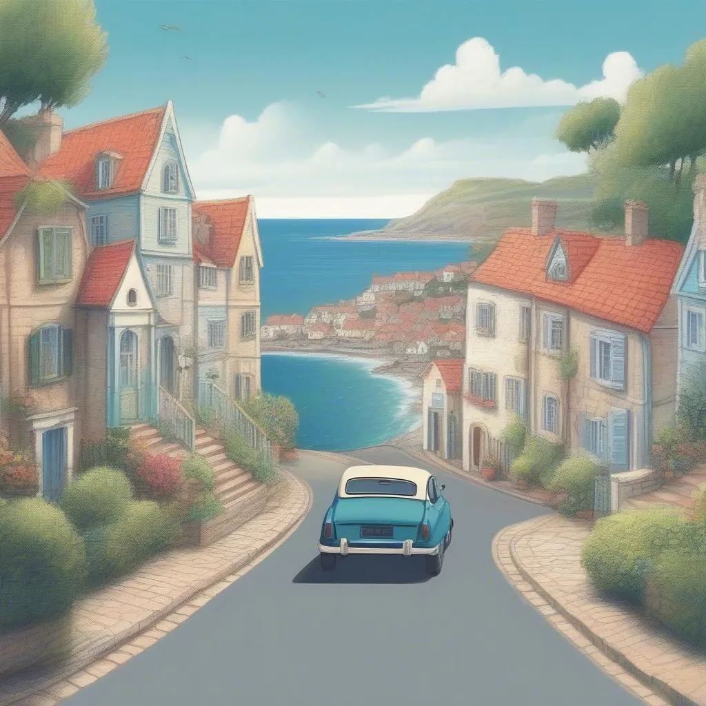 Car approaching a coastal town