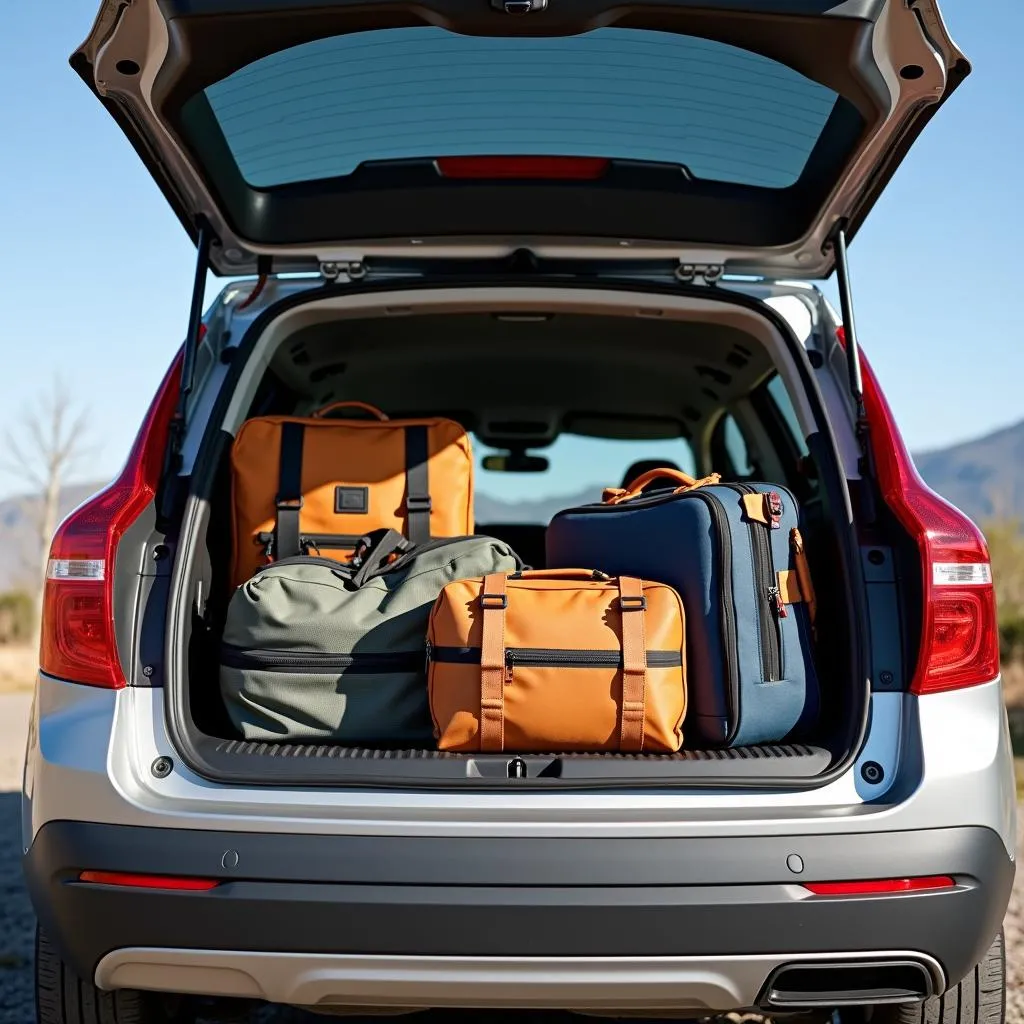 Car trunk packed with luggage and travel gear