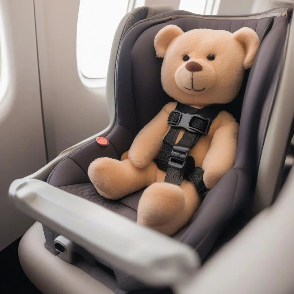 Car seat properly secured on an airplane seat