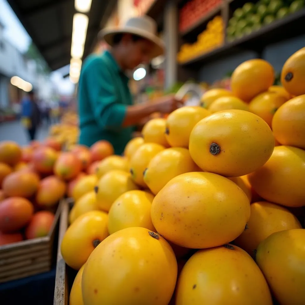 Cat Chu mangoes on display in a Hanoi fruit shop