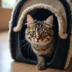 Curious cat exploring its carrier