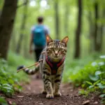 Tabby cat exploring a national park trail