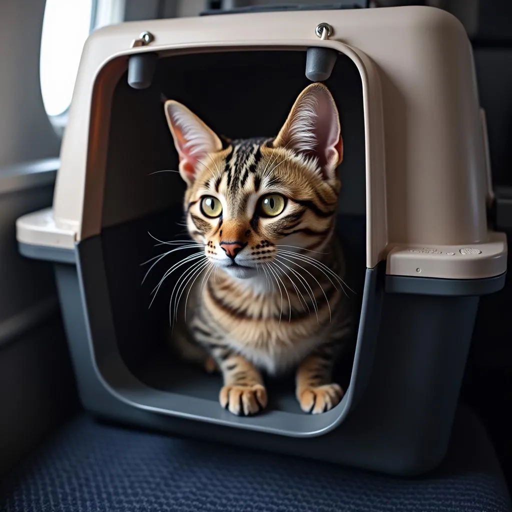 Cat Traveling in Cabin with Carrier