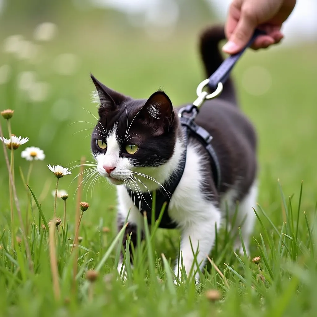 A cat exploring nature on a leash