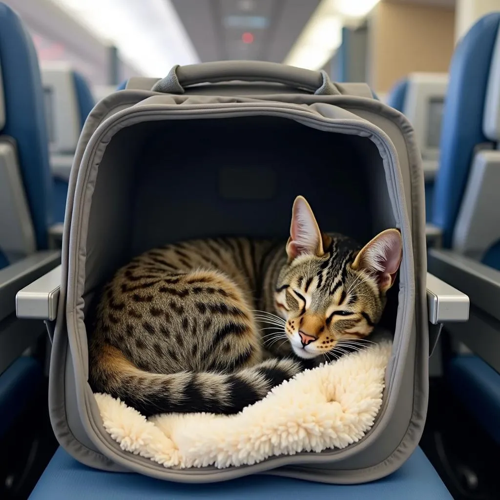 Serene cat resting in a quiet airport lounge