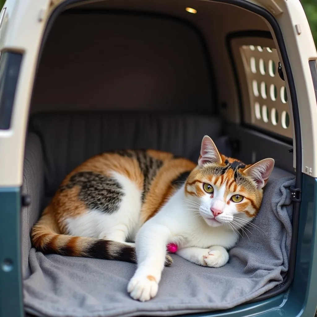 A content cat relaxing inside a carrier