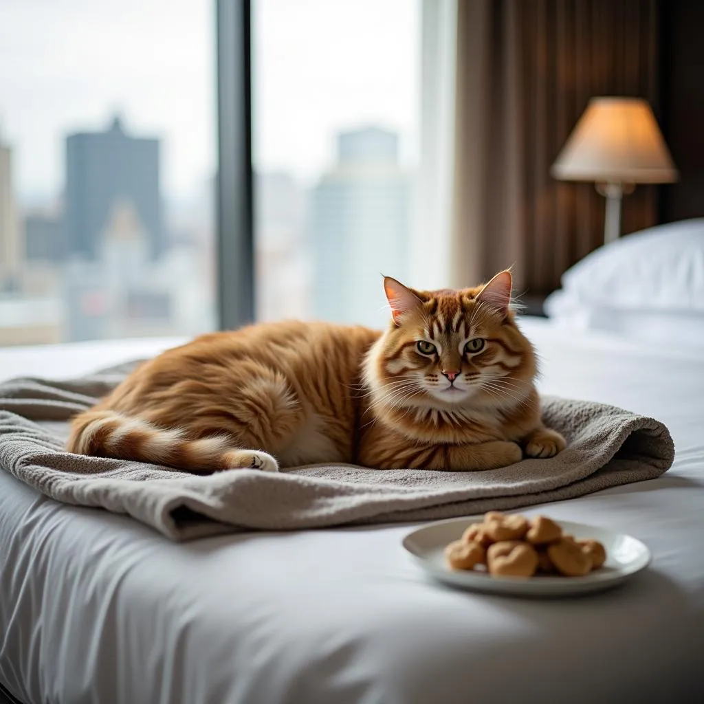 Cat relaxing on a bed in a hotel room