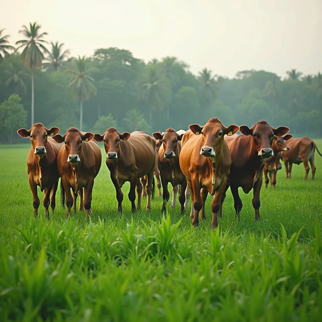 Cattle Grazing in Pasture near Hanoi