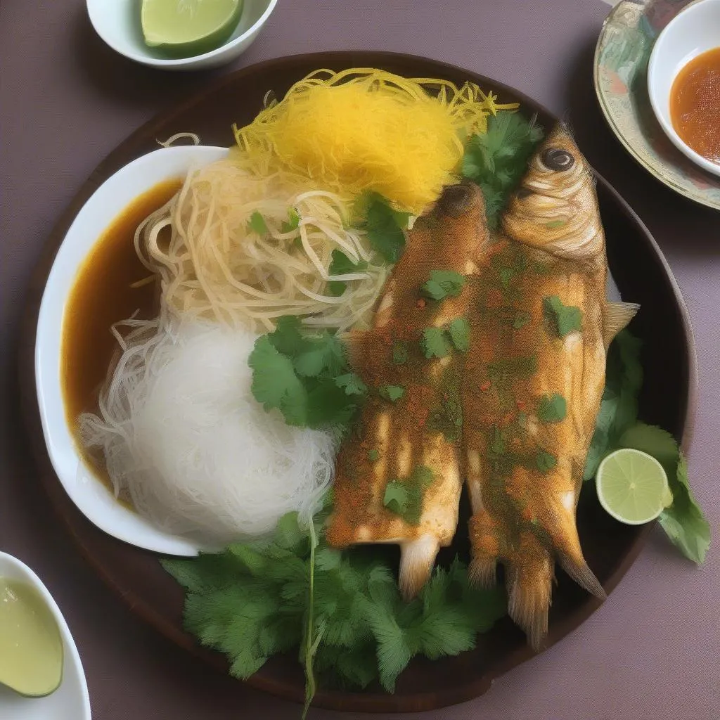 Grilled fish marinated in turmeric and spices, served with dipping sauce, vermicelli noodles and fresh herbs