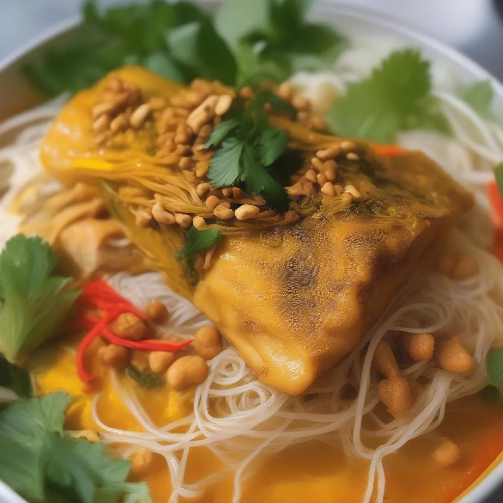 Cha Ca La Vong served with vermicelli noodles and herbs