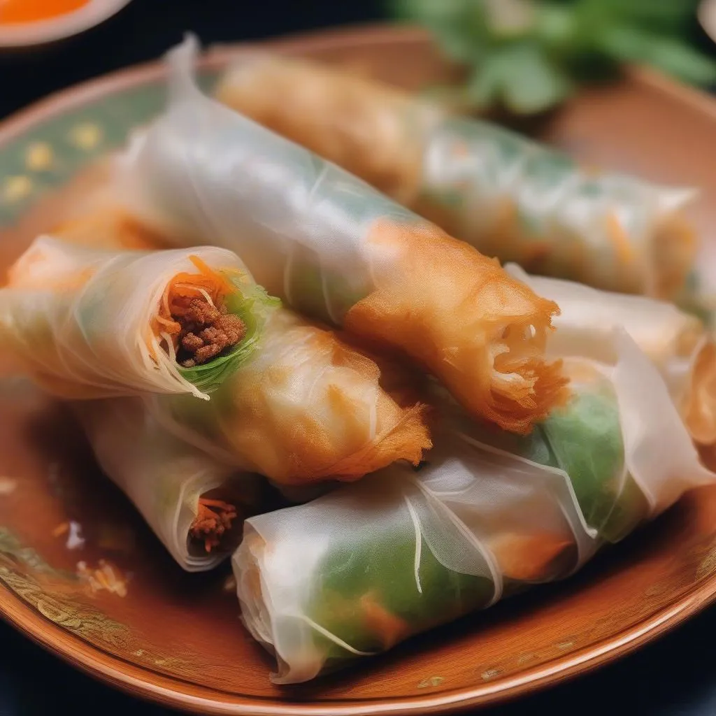 Golden brown fried spring rolls on a plate.