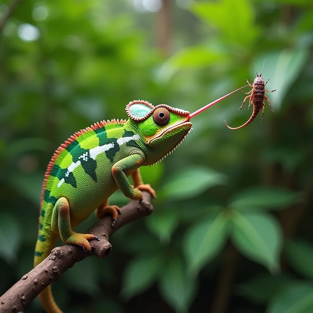 Chameleon catching a cricket in Hanoi