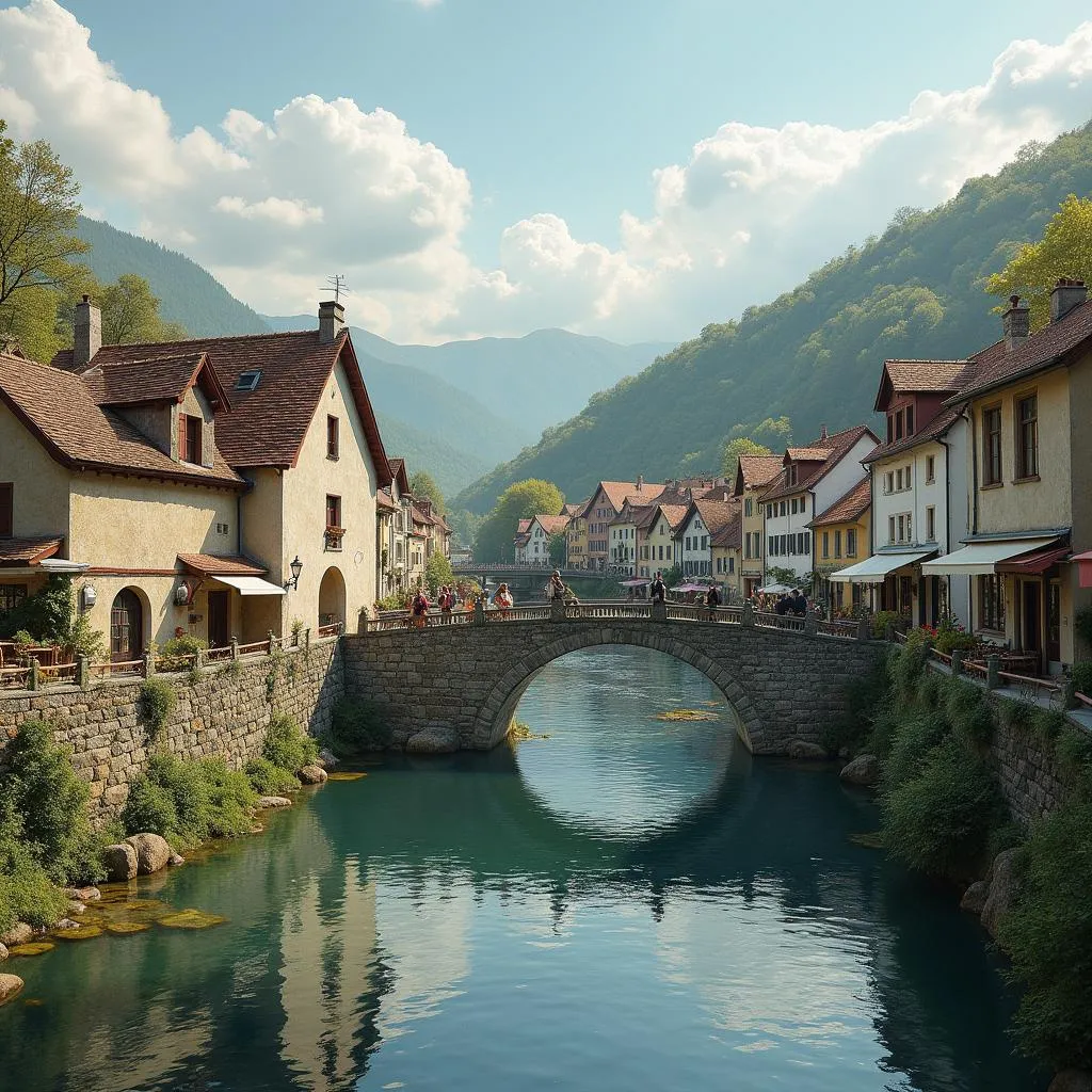 Picturesque town with river and bridges