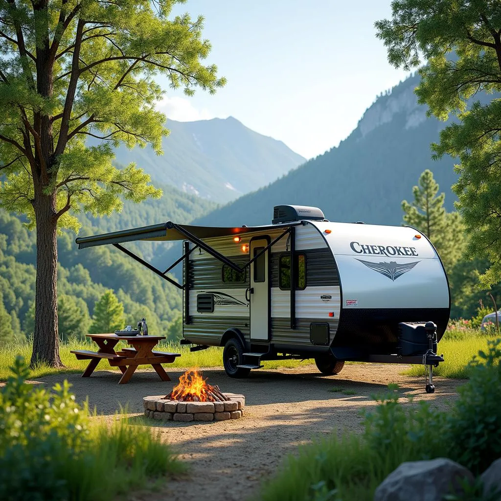 Cherokee travel trailer parked at a scenic campsite