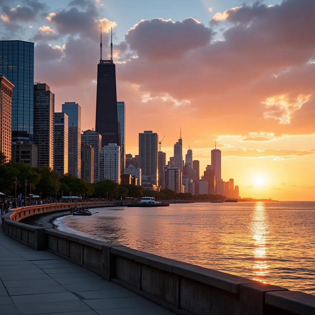 Chicago skyline at sunset with Lake Michigan in the foreground.