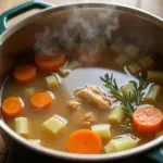 Chicken broth with vegetables in a pot