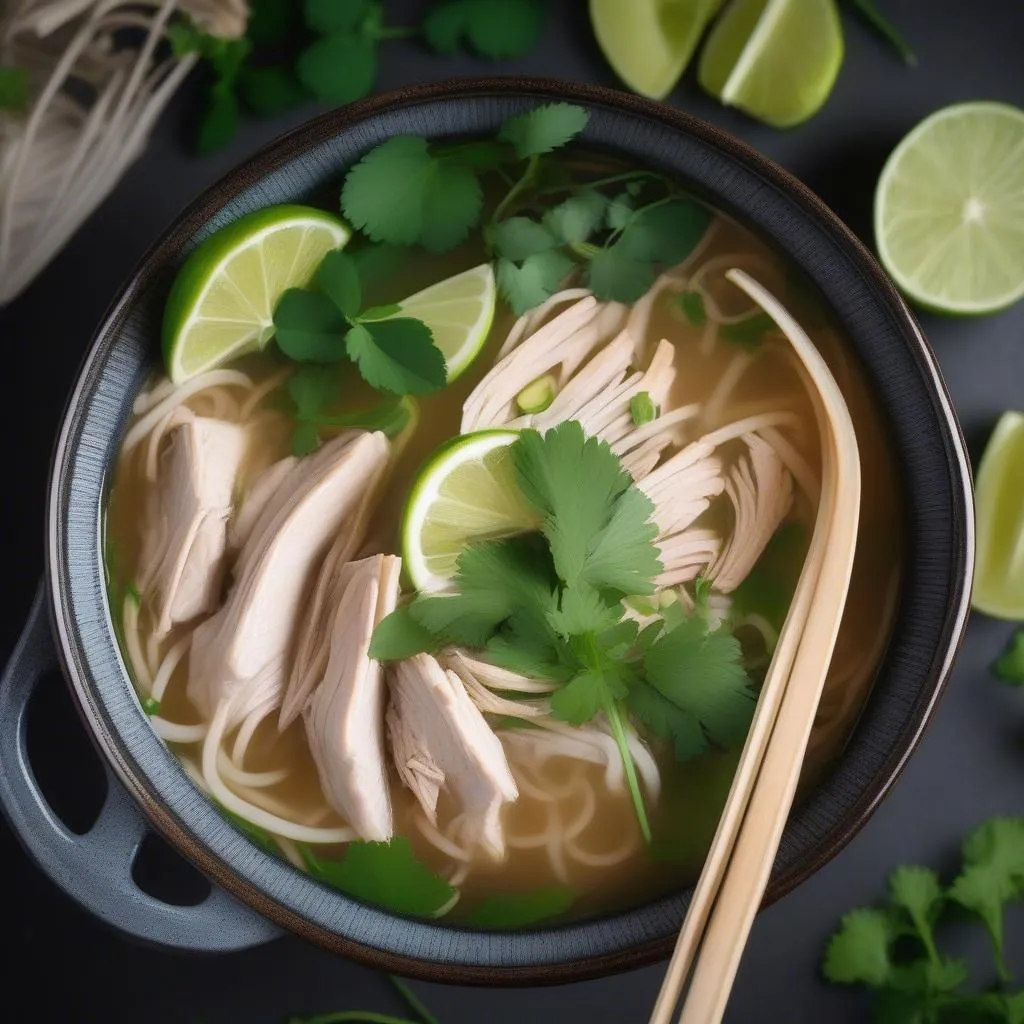 Steaming bowl of chicken pho