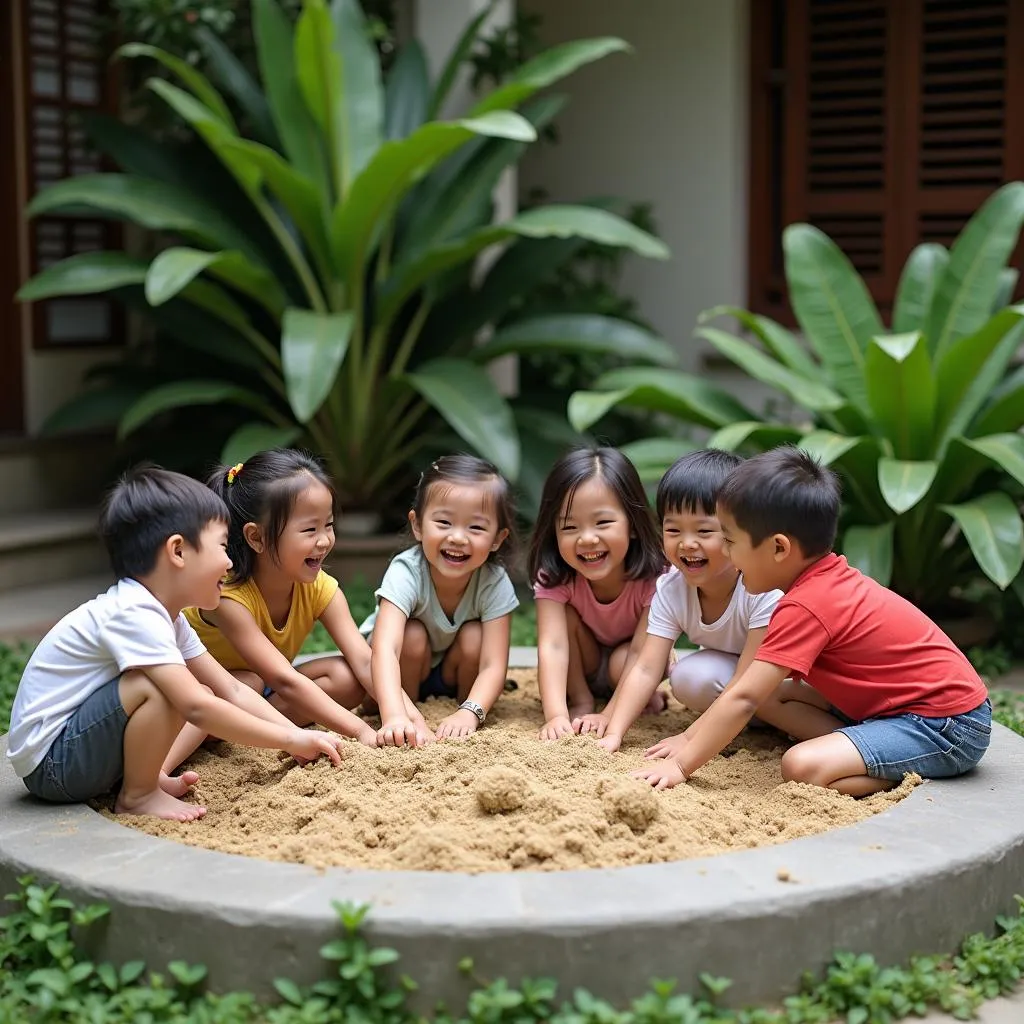 Happy Children Playing in a Sandbox