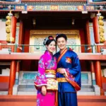 Chinese Couple Visiting a Temple