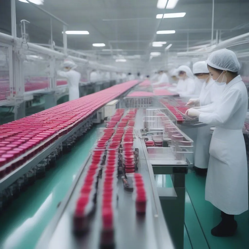 High-speed lipstick production line in a Chinese factory