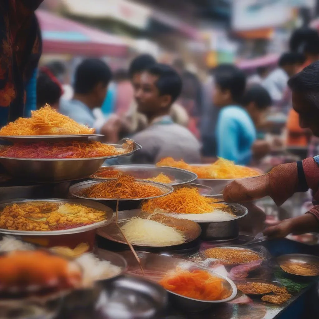 A bustling Chinese street food stall