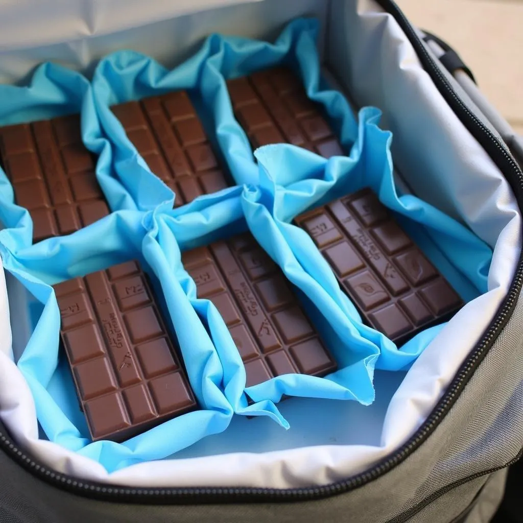 Chocolate bars arranged in a cooler with ice packs.