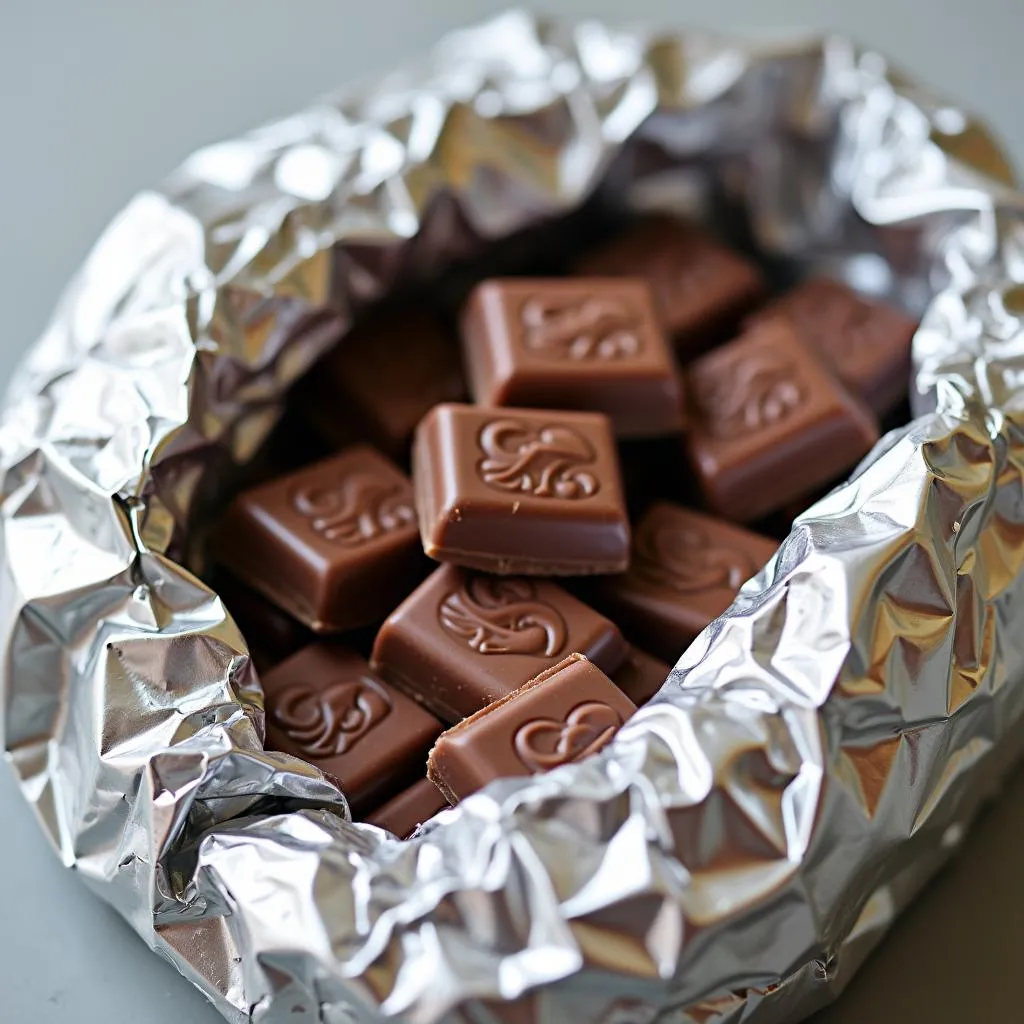 Chocolate bars wrapped in foil and bubble wrap.