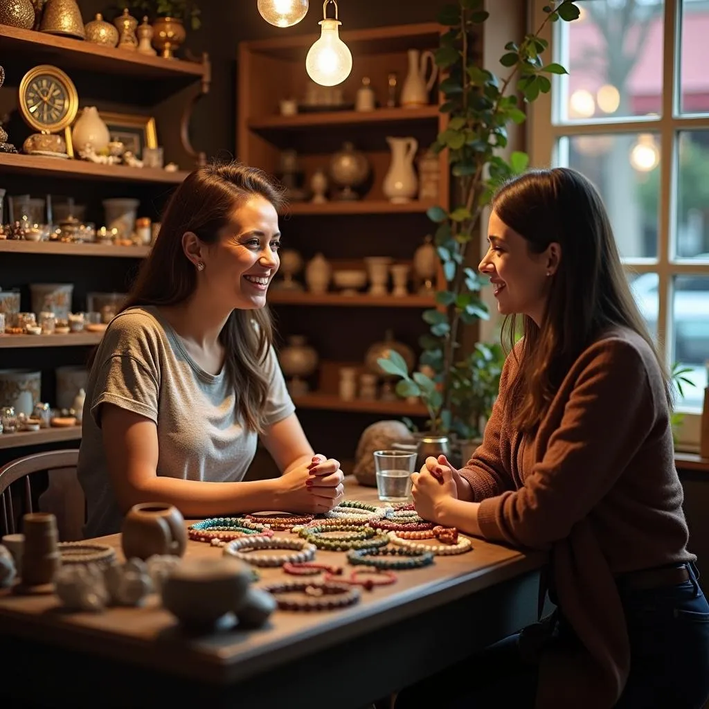 A woman receiving advice on choosing a feng shui bracelet