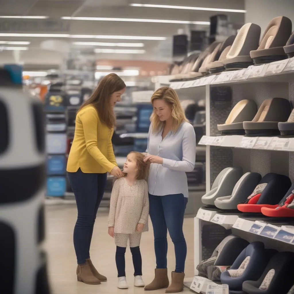 Family selecting a booster seat in a store