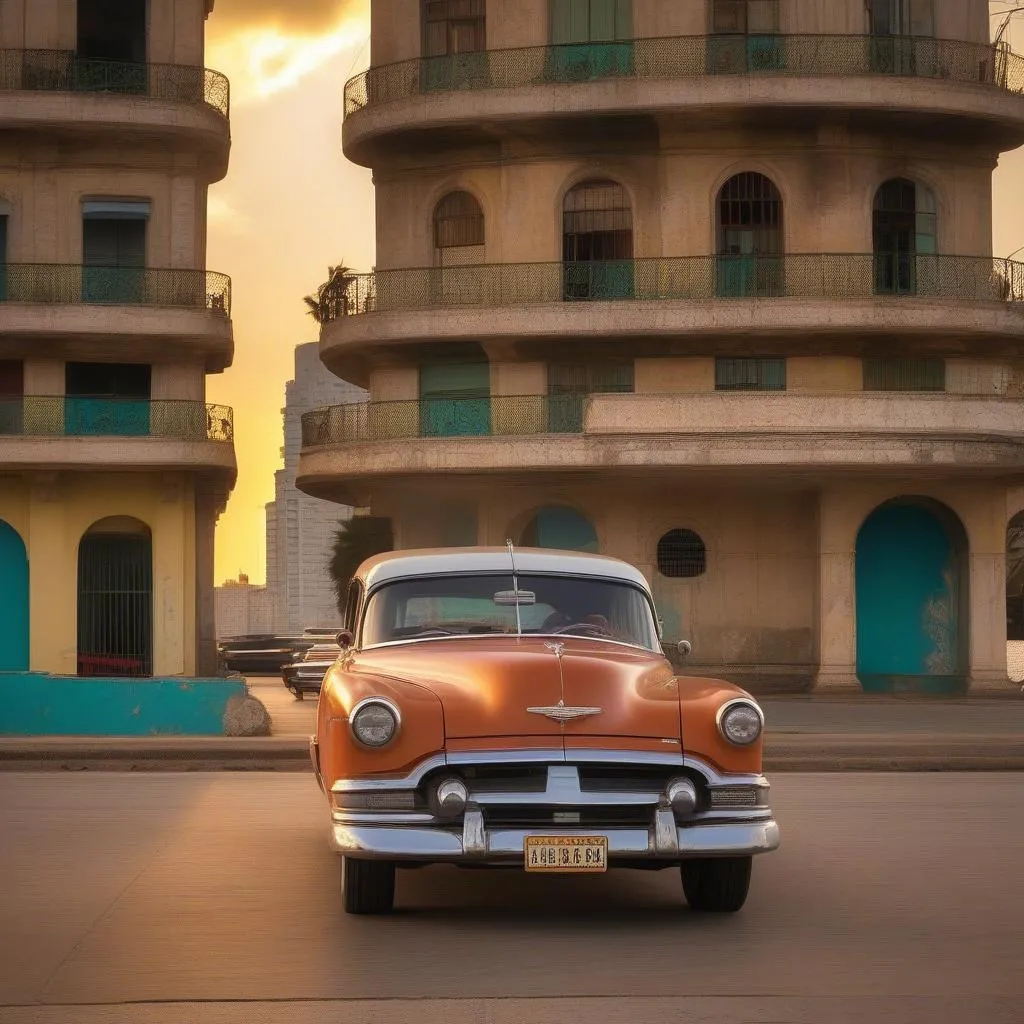 A classic American car driving along the Malecon in Havana at sunset