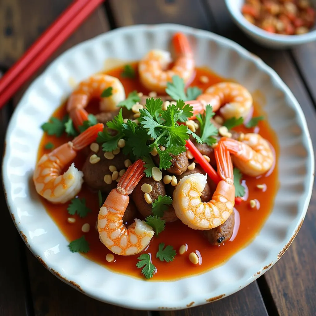 Coconut heart salad with shrimp and pork