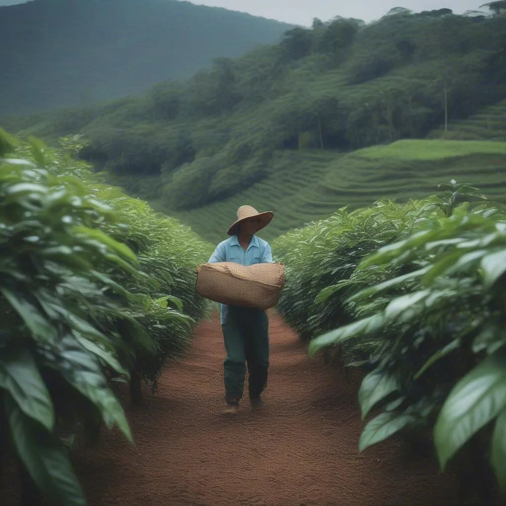 Coffee Plantation Worker Picking Beans