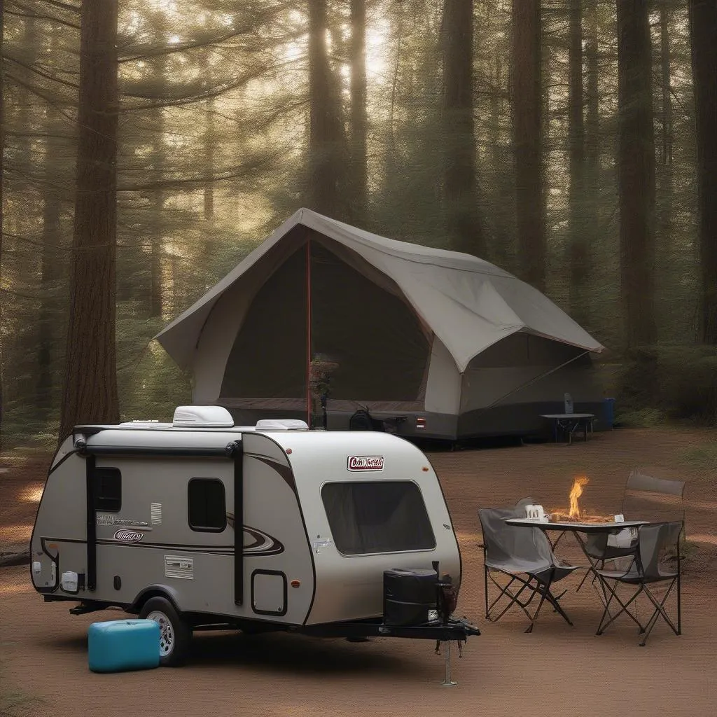 Coleman travel trailer set up at a campsite