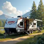 Coleman travel trailer parked at a campsite