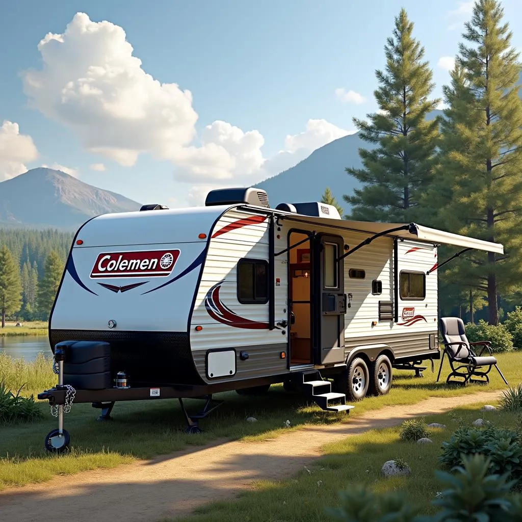 Coleman travel trailer parked at a campsite