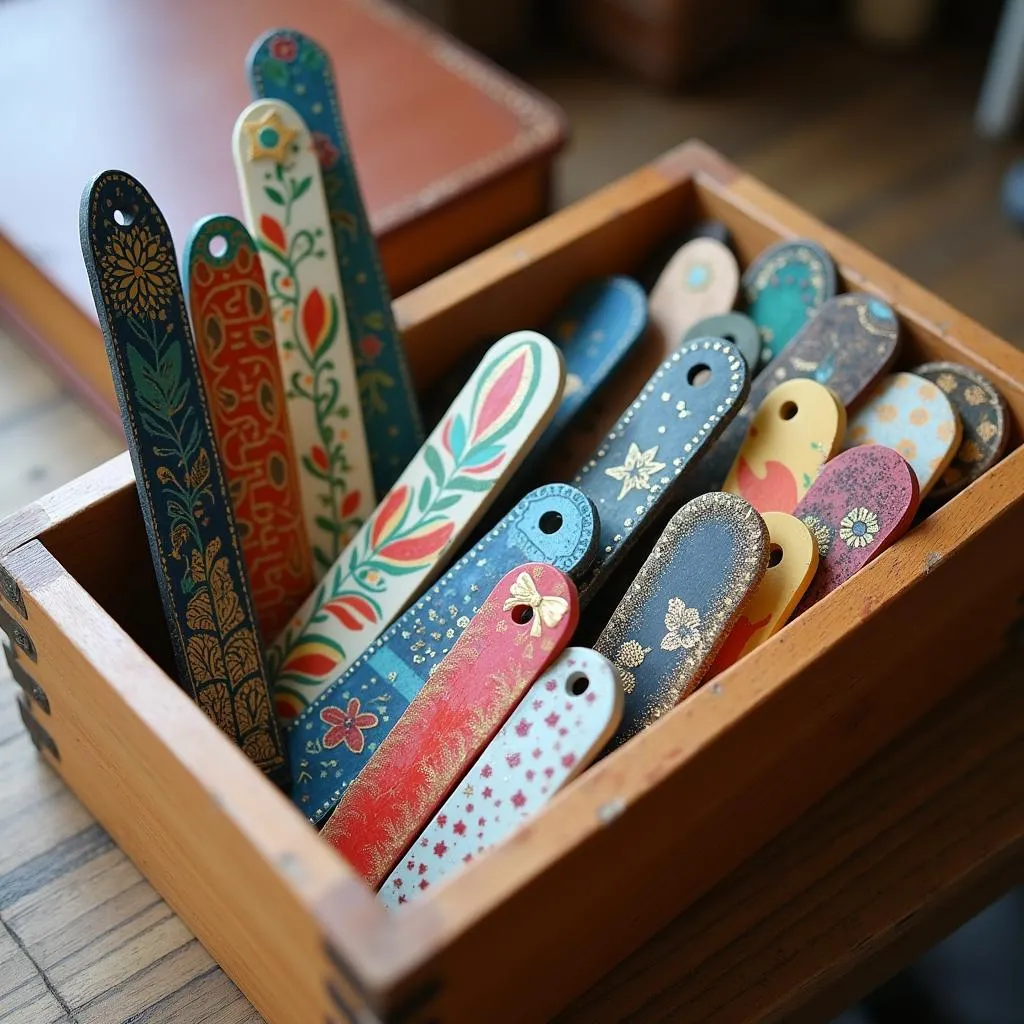 Colorful Bookmarks Collection Organized in a Wooden Box