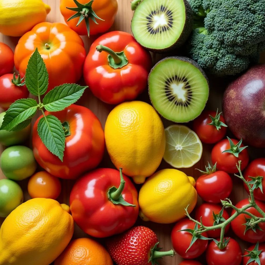 A basket overflowing with citrus fruits, berries, bell peppers, and broccoli.