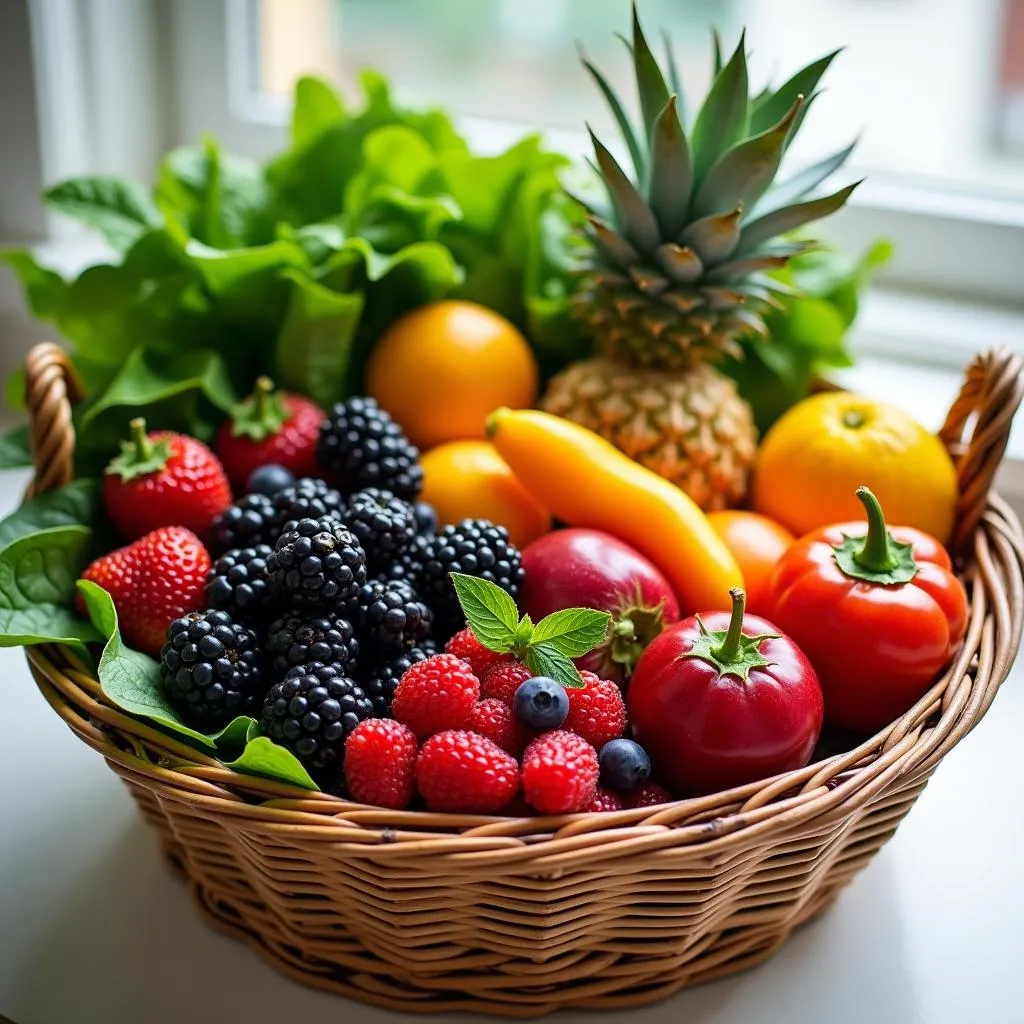 Colorful fruits and vegetables in a basket